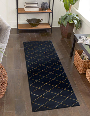 Navy Blue and Gold 2' x 5' 1 Vogue Geo Runner Area Rug Geometric Glam Style Shiny Accents Carpet Mat for Unique Interior Design & Home Decor for Sale at Rug Engine