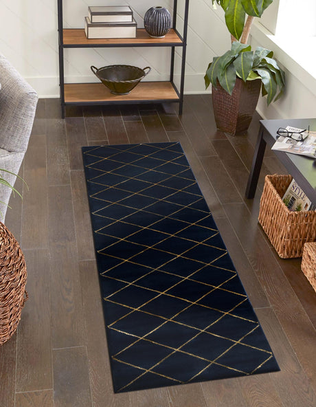 Navy Blue and Gold 2' x 5' 1 Vogue Geo Runner Area Rug Geometric Glam Style Shiny Accents Carpet Mat for Unique Interior Design & Home Decor for Sale at Rug Engine