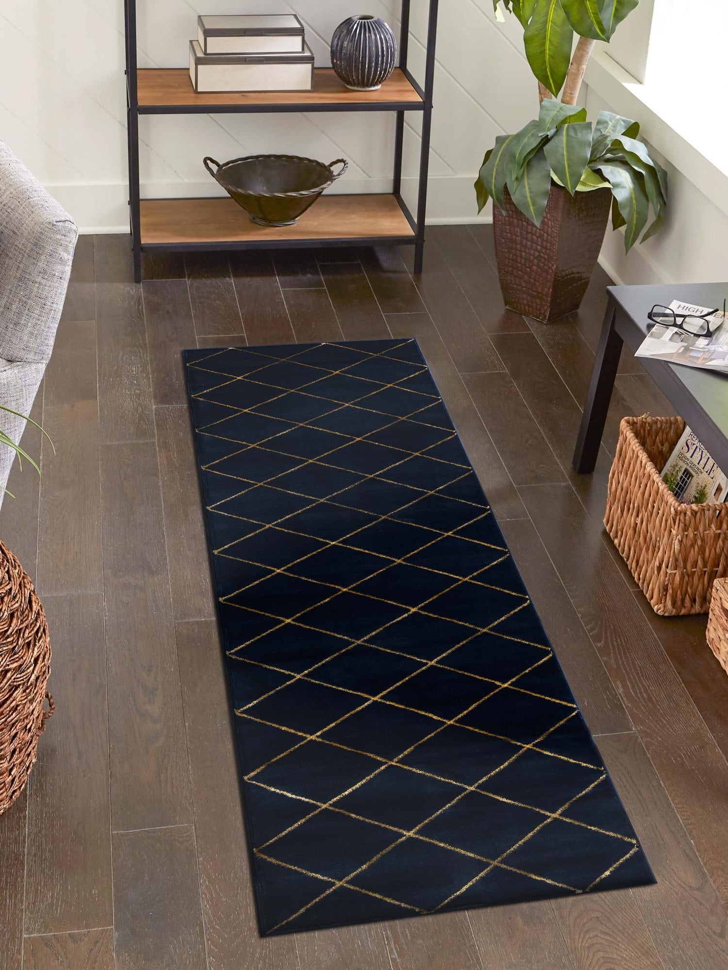 Navy Blue and Gold 2' x 6' 1 Vogue Geo Runner Area Rug Geometric Glam Style Shiny Accents Carpet Mat for Unique Interior Design & Home Decor for Sale at Rug Engine