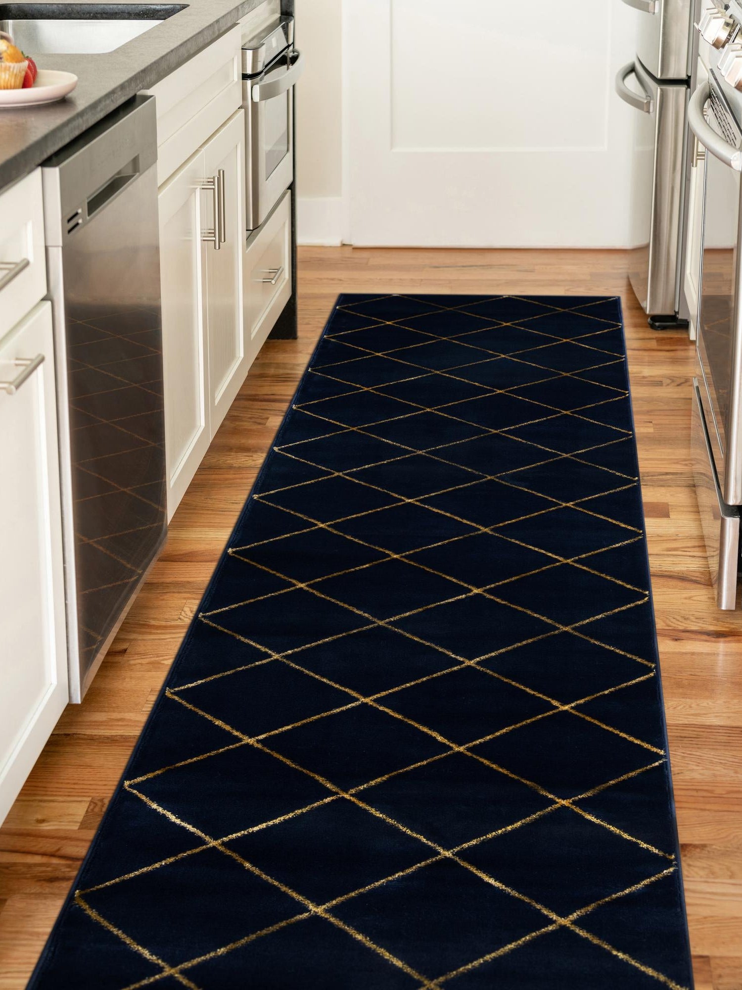 Navy Blue and Gold 2' x 8' Vogue Geo Runner Area Rug Geometric Glam Style Shiny Accents Carpet Mat for Unique Interior Design & Home Decor for Sale at Rug Engine