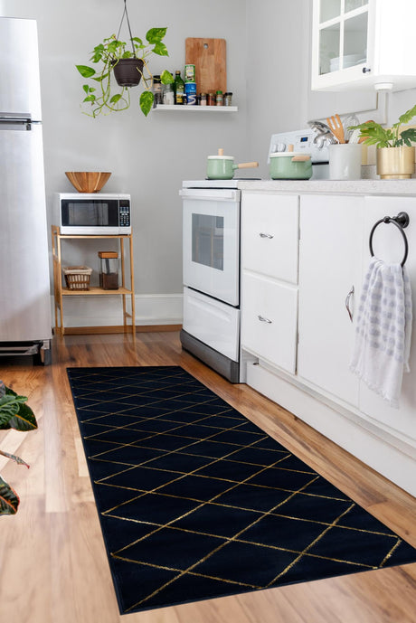 Navy Blue and Gold 2' x 5' 1 Vogue Geo Runner Area Rug Geometric Glam Style Shiny Accents Carpet Mat for Unique Interior Design & Home Decor for Sale at Rug Engine