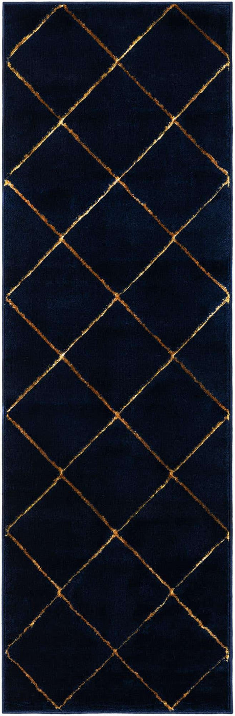 Navy Blue and Gold 2' x 6' 1 Vogue Geo Runner Area Rug Geometric Glam Style Shiny Accents Carpet Mat for Unique Interior Design & Home Decor for Sale at Rug Engine
