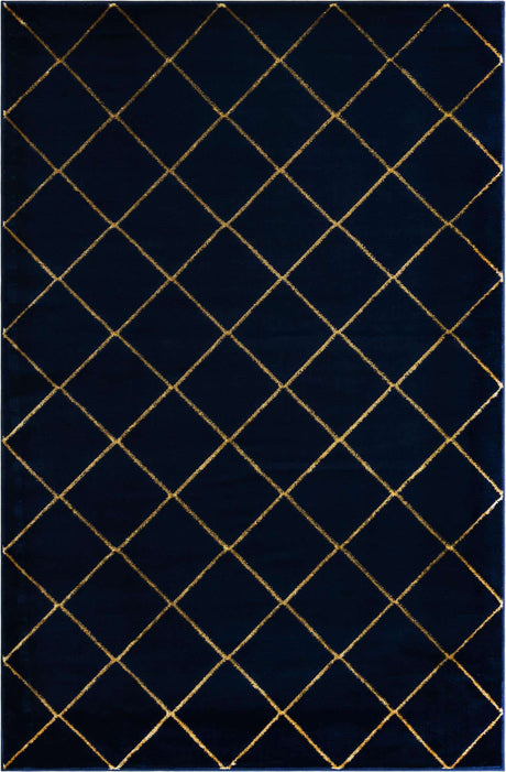 Navy Blue and Gold 6' 1 x 9' Vogue Geo Rectangle Area Rug Geometric Glam Style Shiny Accents Carpet Mat for Unique Interior Design & Home Decor for Sale at Rug Engine