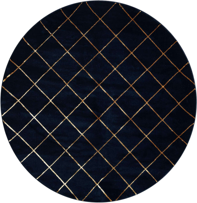 Navy Blue and Gold 7' 10 x 7' 10 Vogue Geo Round Area Rug Geometric Glam Style Shiny Accents Carpet Mat for Unique Interior Design & Home Decor for Sale at Rug Engine