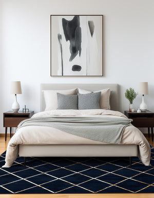 Navy Blue and Gold 7' 10 x 7' 10 Vogue Geo Square Area Rug Geometric Glam Style Shiny Accents Carpet Mat for Unique Interior Design & Home Decor for Sale at Rug Engine