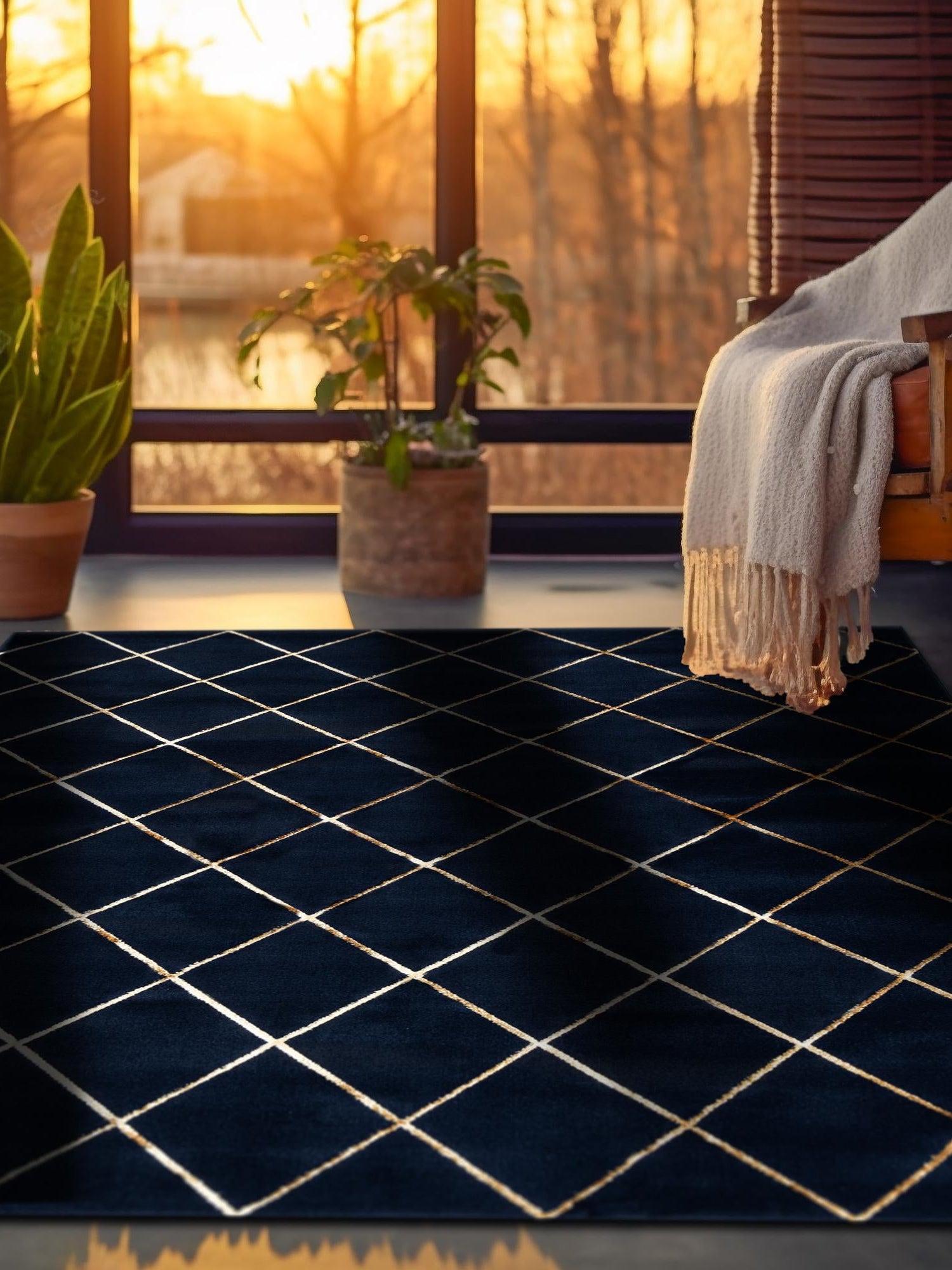 Navy Blue and Gold 7' 10 x 7' 10 Vogue Geo Square Area Rug Geometric Glam Style Shiny Accents Carpet Mat for Unique Interior Design & Home Decor for Sale at Rug Engine