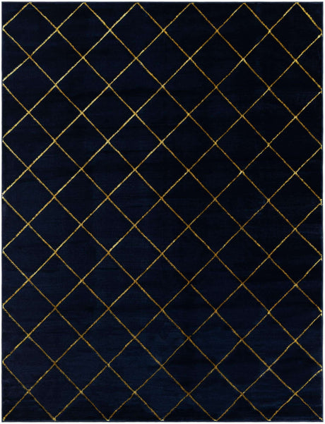 Navy Blue and Gold 7' 10 x 10' Vogue Geo Rectangle Area Rug Geometric Glam Style Shiny Accents Carpet Mat for Unique Interior Design & Home Decor for Sale at Rug Engine