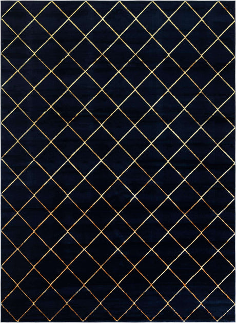 Navy Blue and Gold 9' x 12' Vogue Geo Rectangle Area Rug Geometric Glam Style Shiny Accents Carpet Mat for Unique Interior Design & Home Decor for Sale at Rug Engine