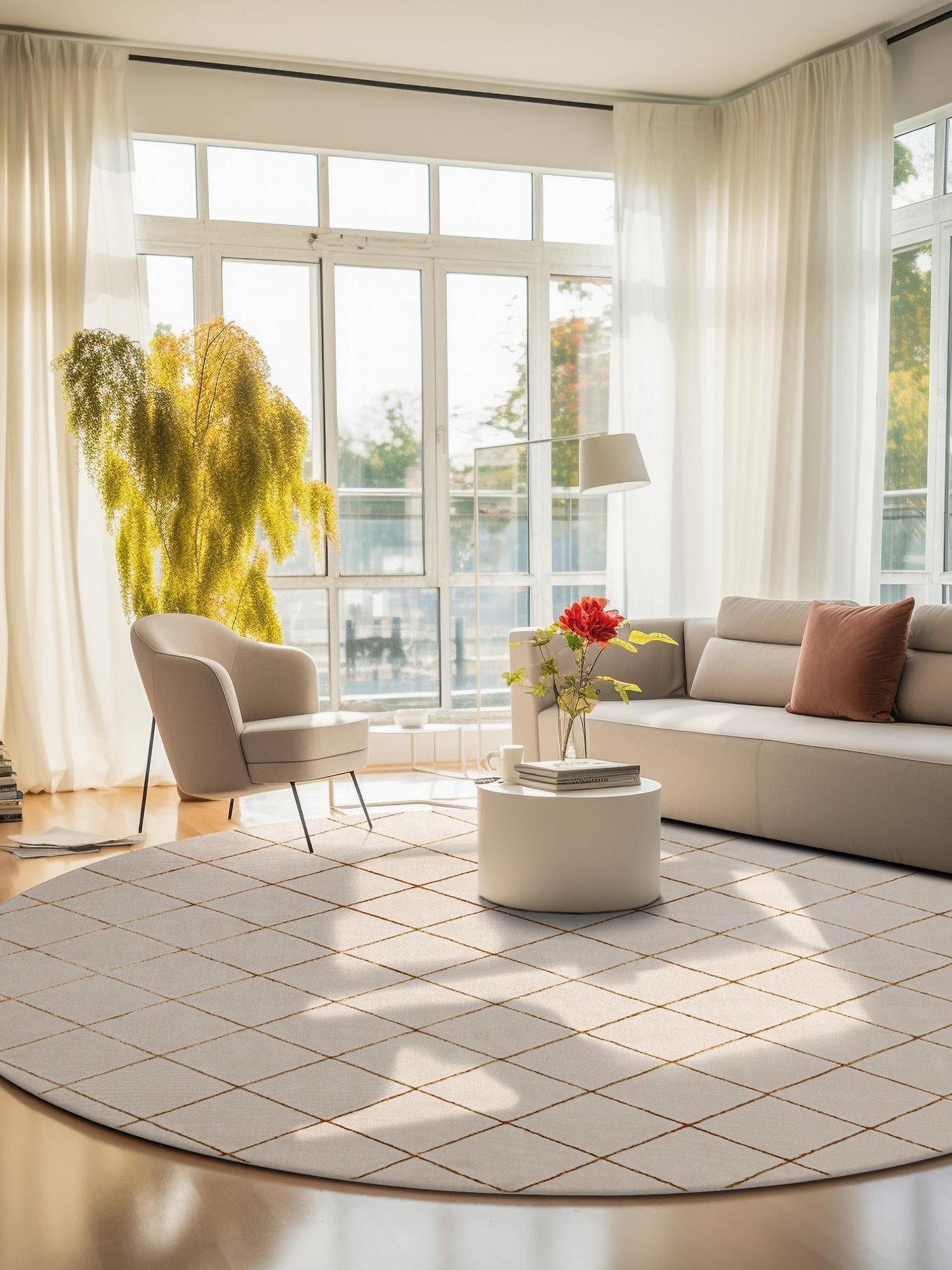 White and Gold 10' x 10' Vogue Geo Round Area Rug Geometric Glam Style Shiny Accents Carpet Mat for Unique Interior Design & Home Decor for Sale at Rug Engine
