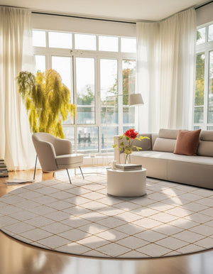 White and Gold 3' 1 x 3' 1 Vogue Geo Round Area Rug Geometric Glam Style Shiny Accents Carpet Mat for Unique Interior Design & Home Decor for Sale at Rug Engine