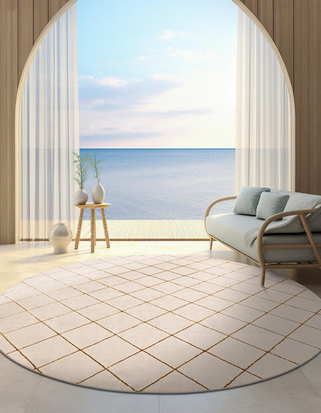 White and Gold 3' 1 x 3' 1 Vogue Geo Round Area Rug Geometric Glam Style Shiny Accents Carpet Mat for Unique Interior Design & Home Decor for Sale at Rug Engine