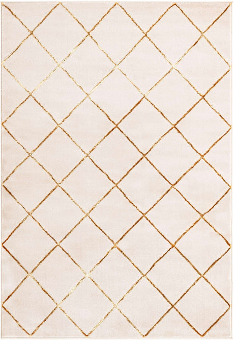 White and Gold 5' 3 x 7' 1 Vogue Geo Rectangle Area Rug Geometric Glam Style Shiny Accents Carpet Mat for Unique Interior Design & Home Decor for Sale at Rug Engine