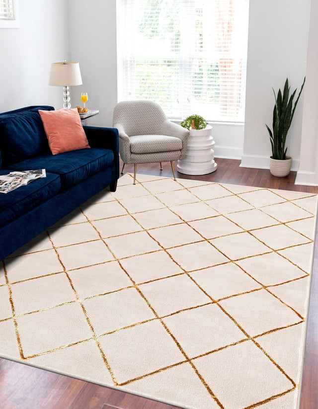 White and Gold 4' 1 x 6' 1 Vogue Geo Rectangle Area Rug Geometric Glam Style Shiny Accents Carpet Mat for Unique Interior Design & Home Decor for Sale at Rug Engine