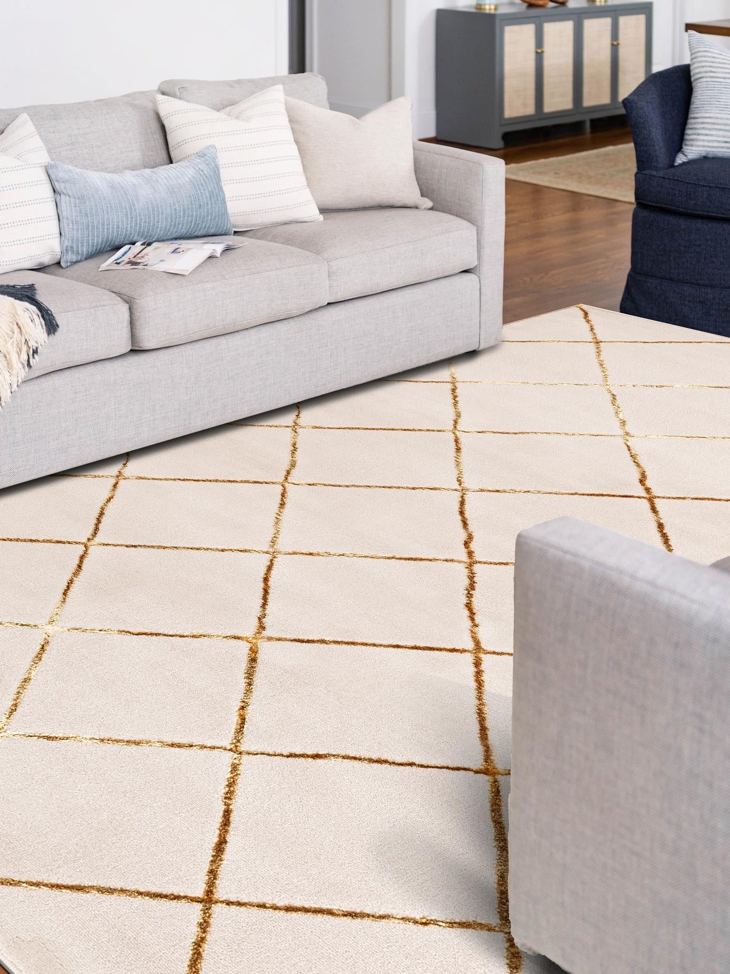 White and Gold 5' 3 x 7' 1 Vogue Geo Rectangle Area Rug Geometric Glam Style Shiny Accents Carpet Mat for Unique Interior Design & Home Decor for Sale at Rug Engine