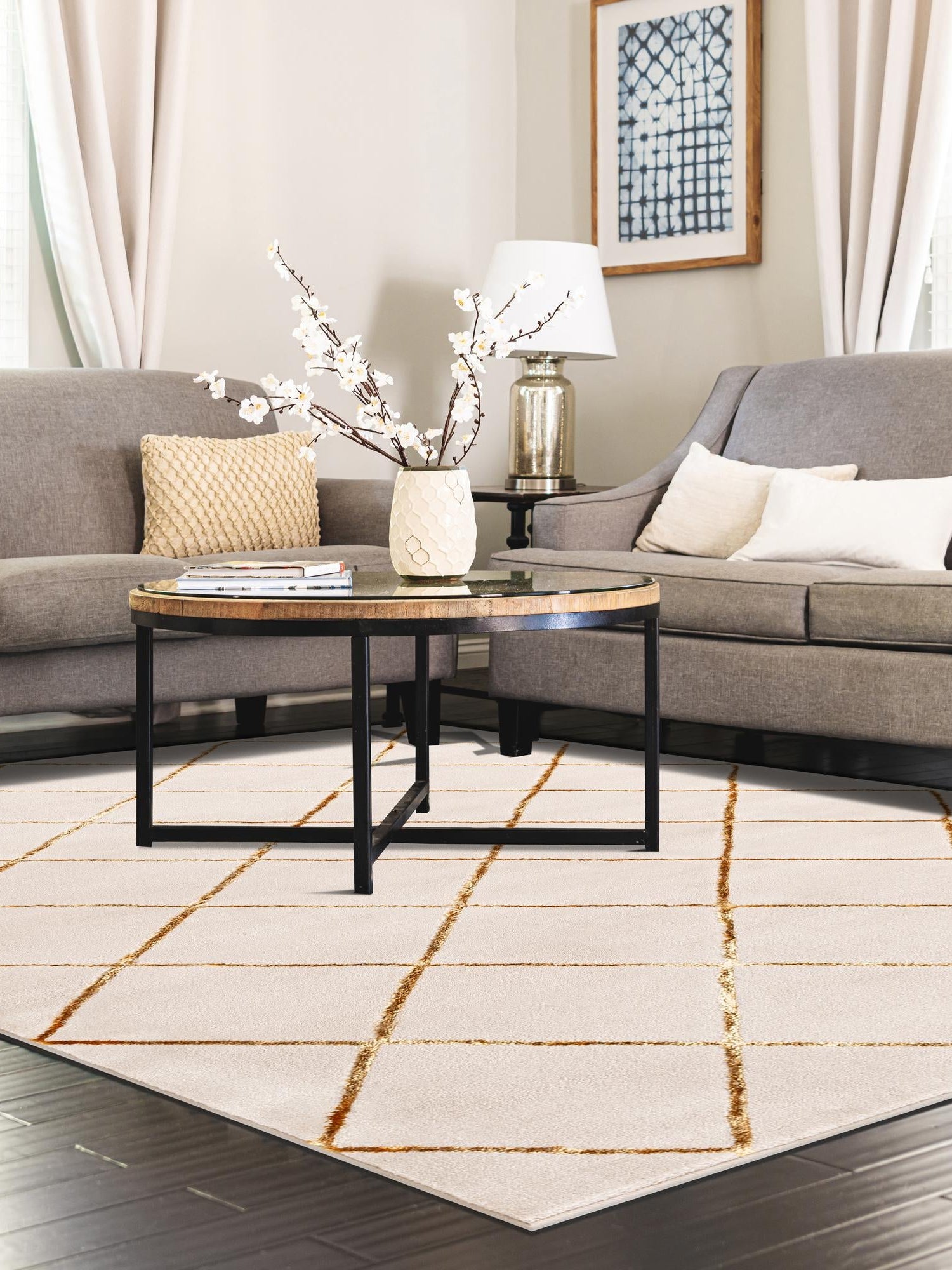 White and Gold 5' 3 x 7' 1 Vogue Geo Rectangle Area Rug Geometric Glam Style Shiny Accents Carpet Mat for Unique Interior Design & Home Decor for Sale at Rug Engine