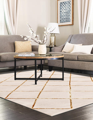 White and Gold 5' 3 x 7' 1 Vogue Geo Rectangle Area Rug Geometric Glam Style Shiny Accents Carpet Mat for Unique Interior Design & Home Decor for Sale at Rug Engine