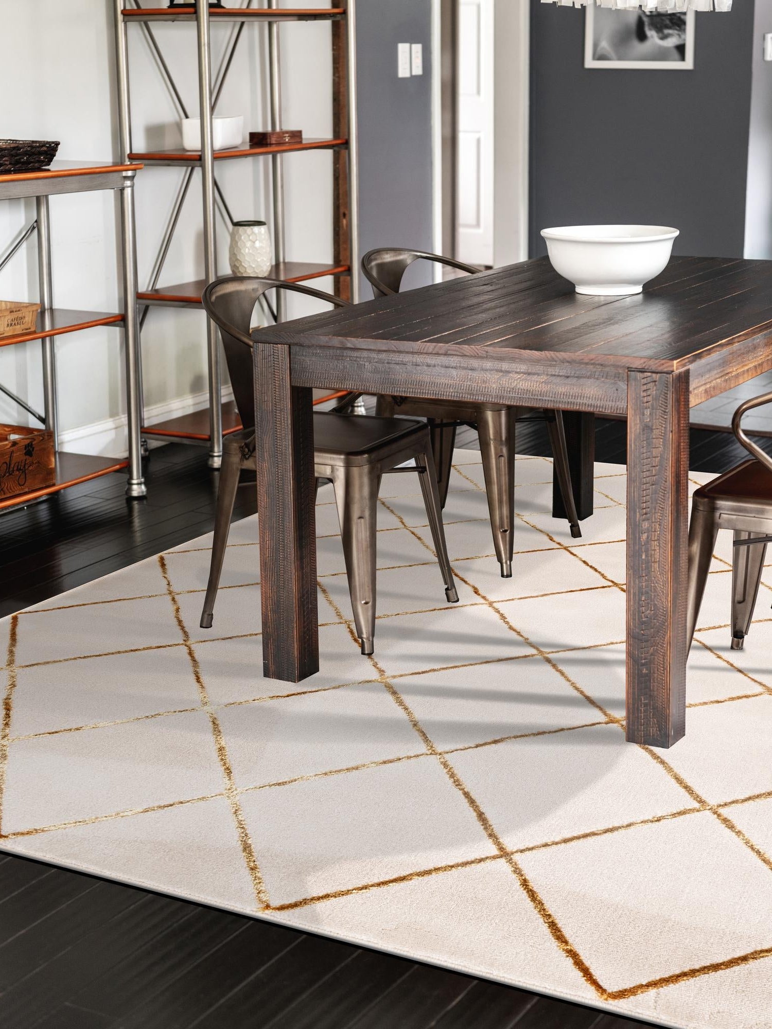 White and Gold 4' 1 x 6' 1 Vogue Geo Rectangle Area Rug Geometric Glam Style Shiny Accents Carpet Mat for Unique Interior Design & Home Decor for Sale at Rug Engine