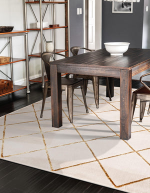 White and Gold 5' 3 x 7' 1 Vogue Geo Rectangle Area Rug Geometric Glam Style Shiny Accents Carpet Mat for Unique Interior Design & Home Decor for Sale at Rug Engine