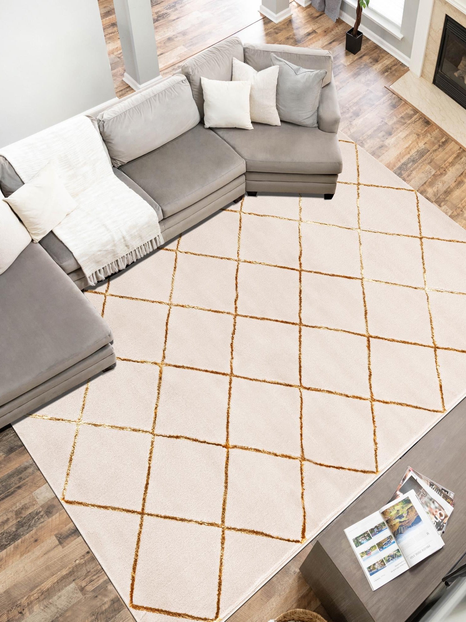 White and Gold 4' 1 x 6' 1 Vogue Geo Rectangle Area Rug Geometric Glam Style Shiny Accents Carpet Mat for Unique Interior Design & Home Decor for Sale at Rug Engine