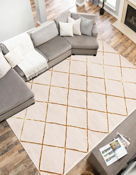 White and Gold 4' 1 x 6' 1 Vogue Geo Rectangle Area Rug Geometric Glam Style Shiny Accents Carpet Mat for Unique Interior Design & Home Decor for Sale at Rug Engine