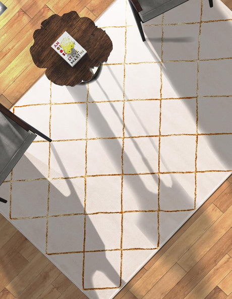 White and Gold 4' 1 x 6' 1 Vogue Geo Rectangle Area Rug Geometric Glam Style Shiny Accents Carpet Mat for Unique Interior Design & Home Decor for Sale at Rug Engine