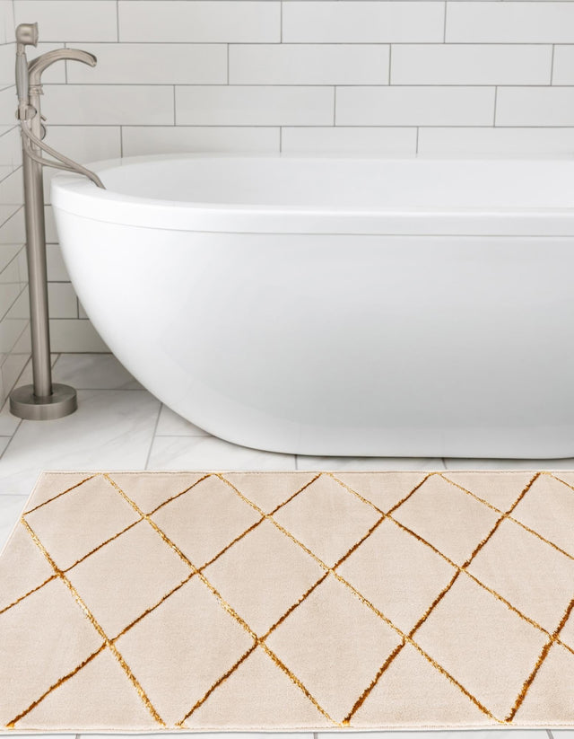 White and Gold 2' x 6' 1 Vogue Geo Runner Area Rug Geometric Glam Style Shiny Accents Carpet Mat for Unique Interior Design & Home Decor for Sale at Rug Engine