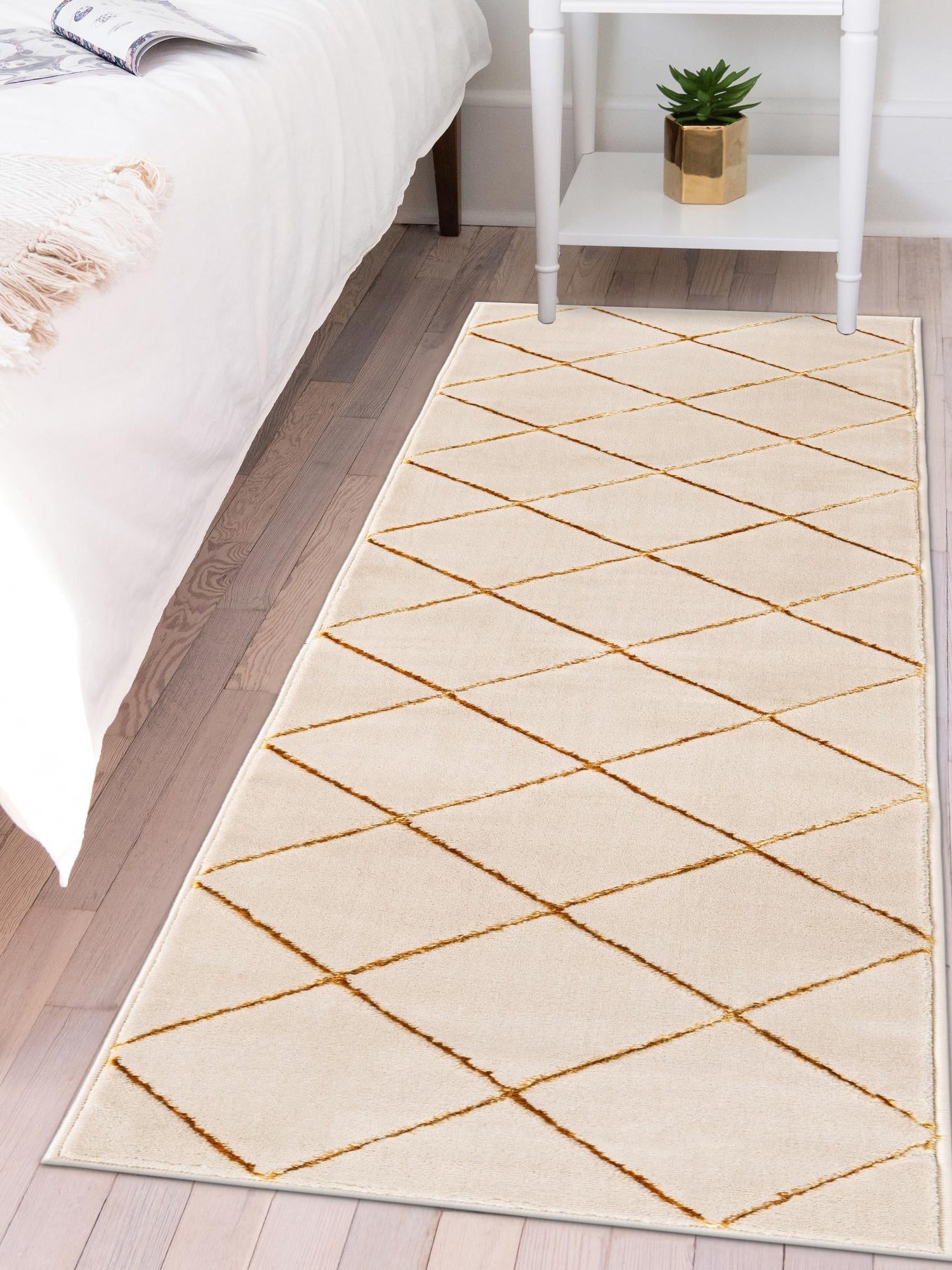 White and Gold 2' x 6' 1 Vogue Geo Runner Area Rug Geometric Glam Style Shiny Accents Carpet Mat for Unique Interior Design & Home Decor for Sale at Rug Engine