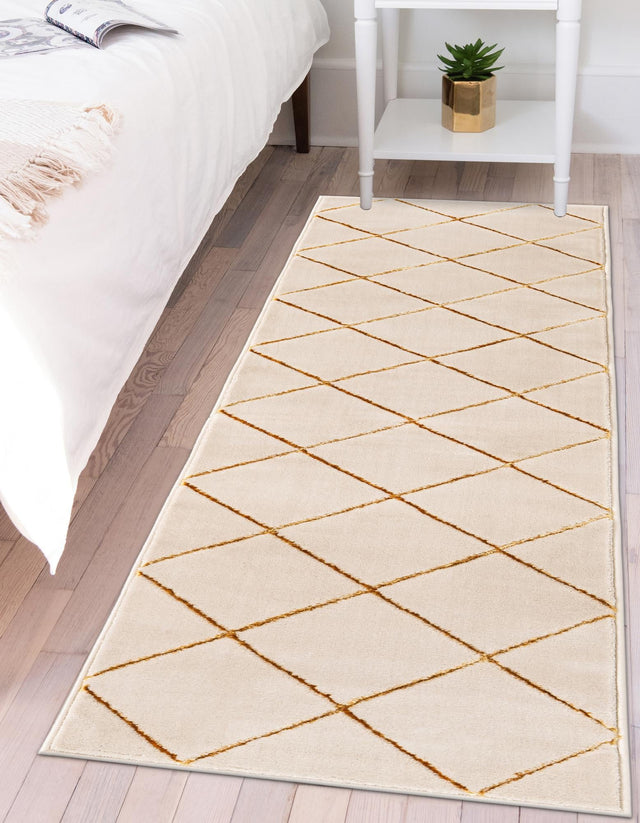 White and Gold 2' x 6' 1 Vogue Geo Runner Area Rug Geometric Glam Style Shiny Accents Carpet Mat for Unique Interior Design & Home Decor for Sale at Rug Engine