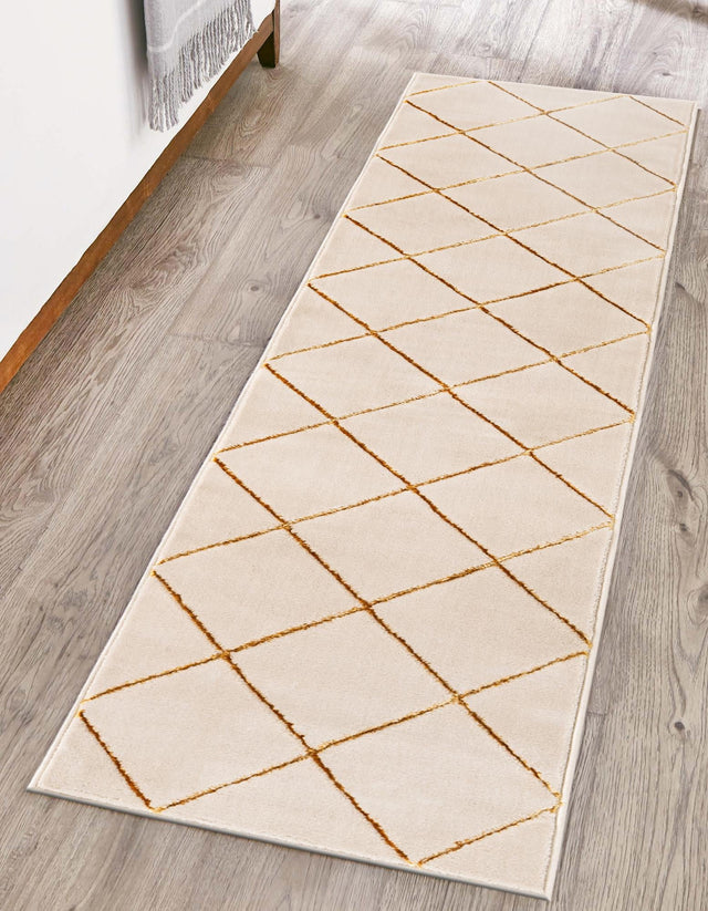 White and Gold 2' 7 x 12' Vogue Geo Runner Area Rug Geometric Glam Style Shiny Accents Carpet Mat for Unique Interior Design & Home Decor for Sale at Rug Engine