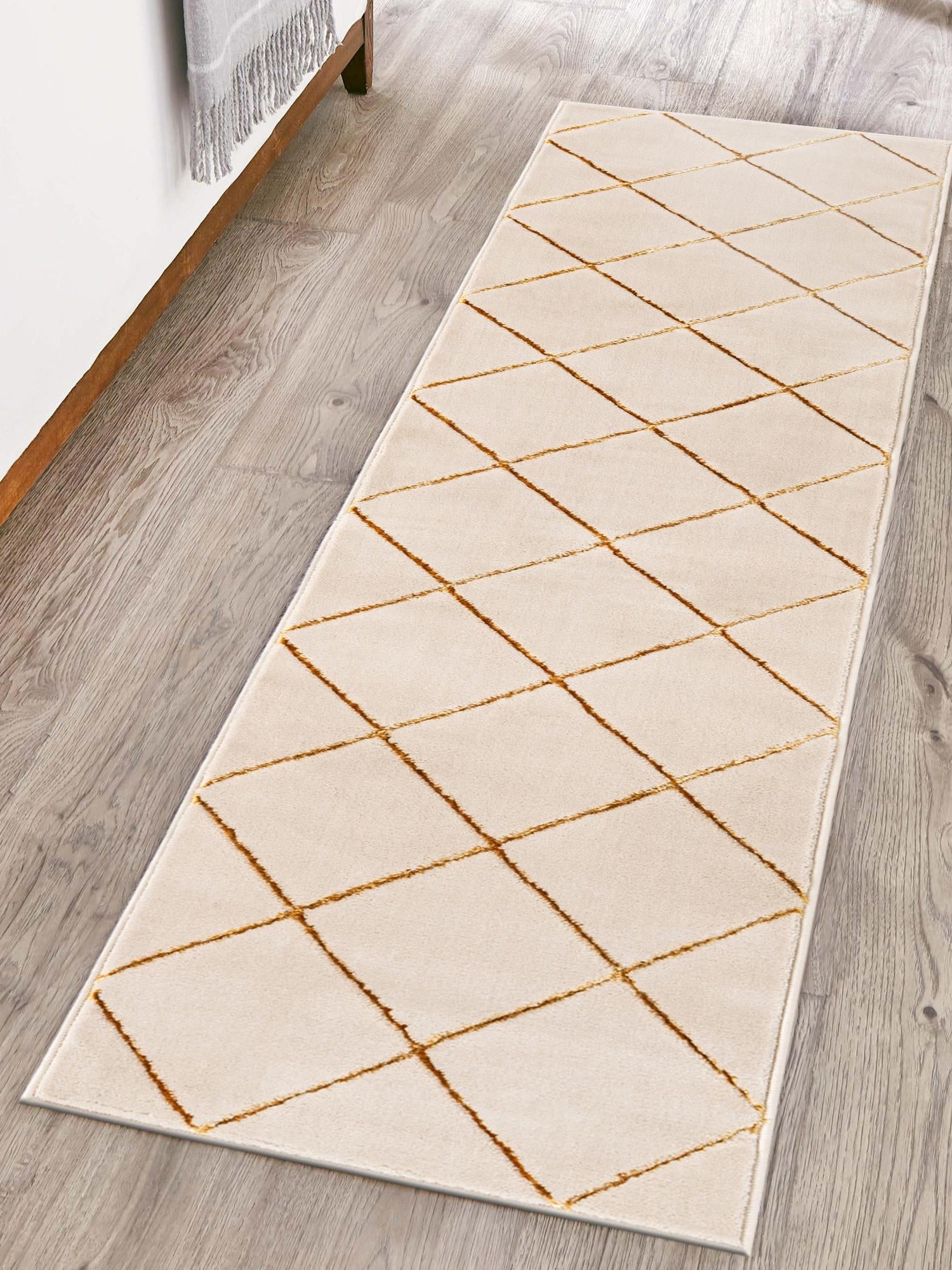 White and Gold 2' x 6' 1 Vogue Geo Runner Area Rug Geometric Glam Style Shiny Accents Carpet Mat for Unique Interior Design & Home Decor for Sale at Rug Engine