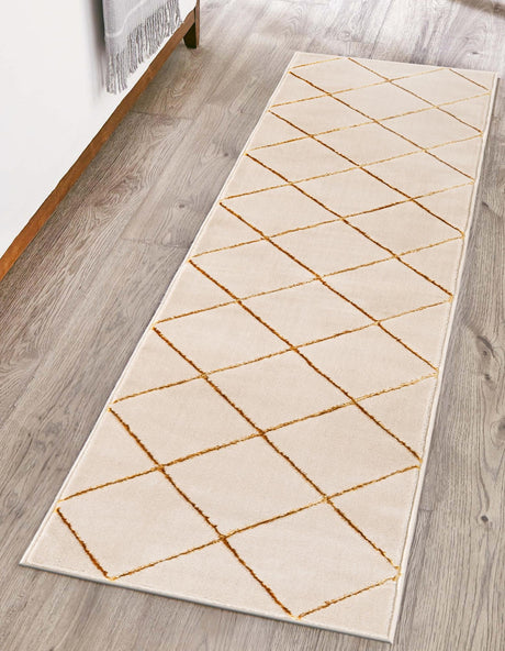 White and Gold 2' x 6' 1 Vogue Geo Runner Area Rug Geometric Glam Style Shiny Accents Carpet Mat for Unique Interior Design & Home Decor for Sale at Rug Engine