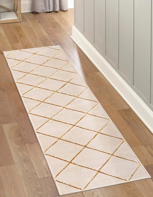 White and Gold 2' x 6' 1 Vogue Geo Runner Area Rug Geometric Glam Style Shiny Accents Carpet Mat for Unique Interior Design & Home Decor for Sale at Rug Engine