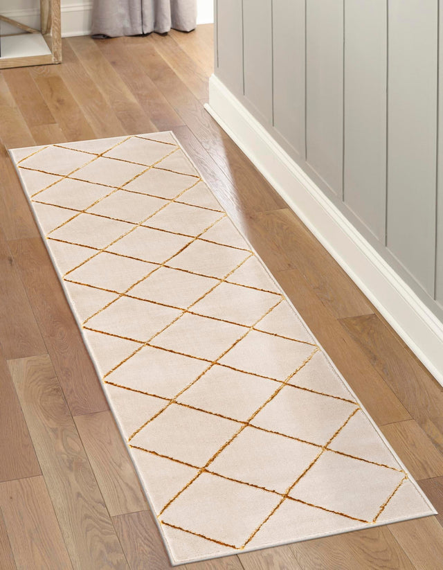 White and Gold 2' x 6' 1 Vogue Geo Runner Area Rug Geometric Glam Style Shiny Accents Carpet Mat for Unique Interior Design & Home Decor for Sale at Rug Engine