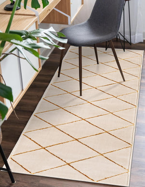 White and Gold 2' 7 x 12' Vogue Geo Runner Area Rug Geometric Glam Style Shiny Accents Carpet Mat for Unique Interior Design & Home Decor for Sale at Rug Engine