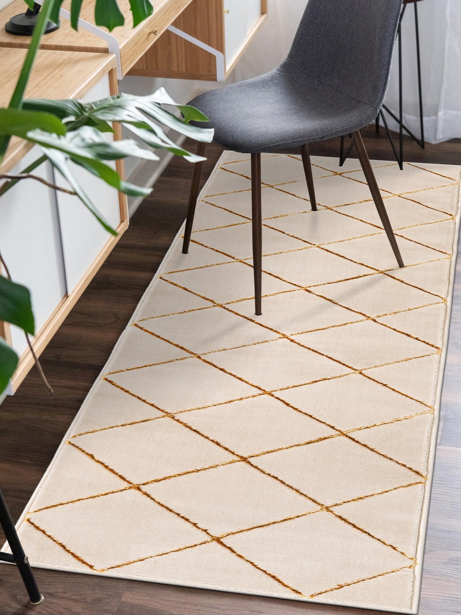 White and Gold 2' x 6' 1 Vogue Geo Runner Area Rug Geometric Glam Style Shiny Accents Carpet Mat for Unique Interior Design & Home Decor for Sale at Rug Engine