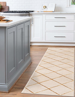 White and Gold 2' 7 x 12' Vogue Geo Runner Area Rug Geometric Glam Style Shiny Accents Carpet Mat for Unique Interior Design & Home Decor for Sale at Rug Engine