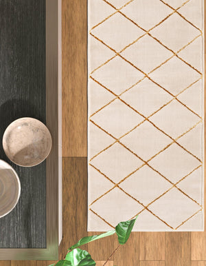White and Gold 2' 7 x 12' Vogue Geo Runner Area Rug Geometric Glam Style Shiny Accents Carpet Mat for Unique Interior Design & Home Decor for Sale at Rug Engine