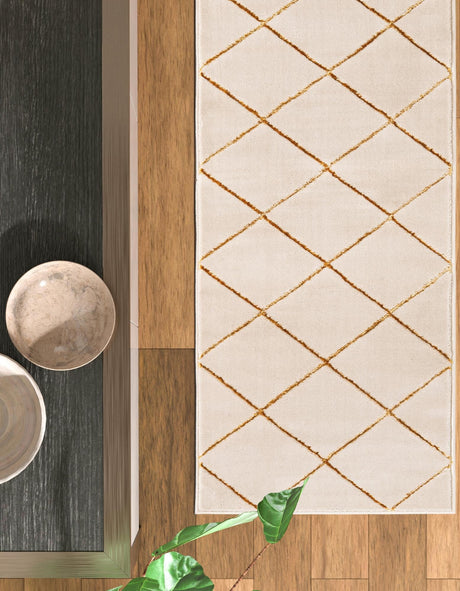 White and Gold 2' 7 x 12' Vogue Geo Runner Area Rug Geometric Glam Style Shiny Accents Carpet Mat for Unique Interior Design & Home Decor for Sale at Rug Engine