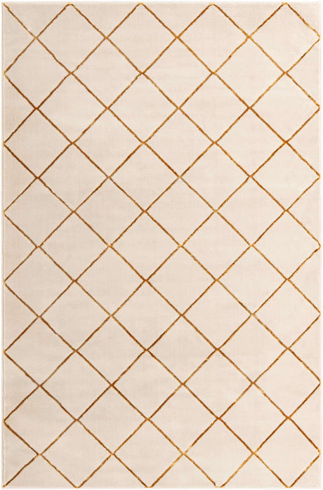 White and Gold 6' 1 x 9' Vogue Geo Rectangle Area Rug Geometric Glam Style Shiny Accents Carpet Mat for Unique Interior Design & Home Decor for Sale at Rug Engine