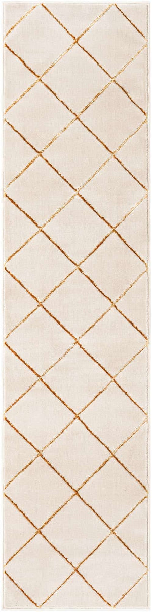 White and Gold 2' x 8' Vogue Geo Runner Area Rug Geometric Glam Style Shiny Accents Carpet Mat for Unique Interior Design & Home Decor for Sale at Rug Engine