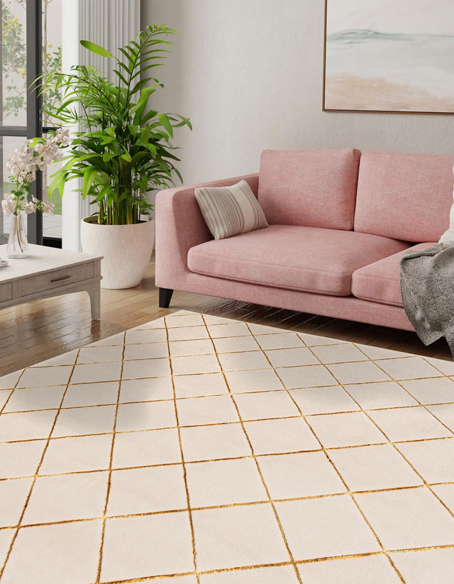 White and Gold 10' x 10' Vogue Geo Square Area Rug Geometric Glam Style Shiny Accents Carpet Mat for Unique Interior Design & Home Decor for Sale at Rug Engine