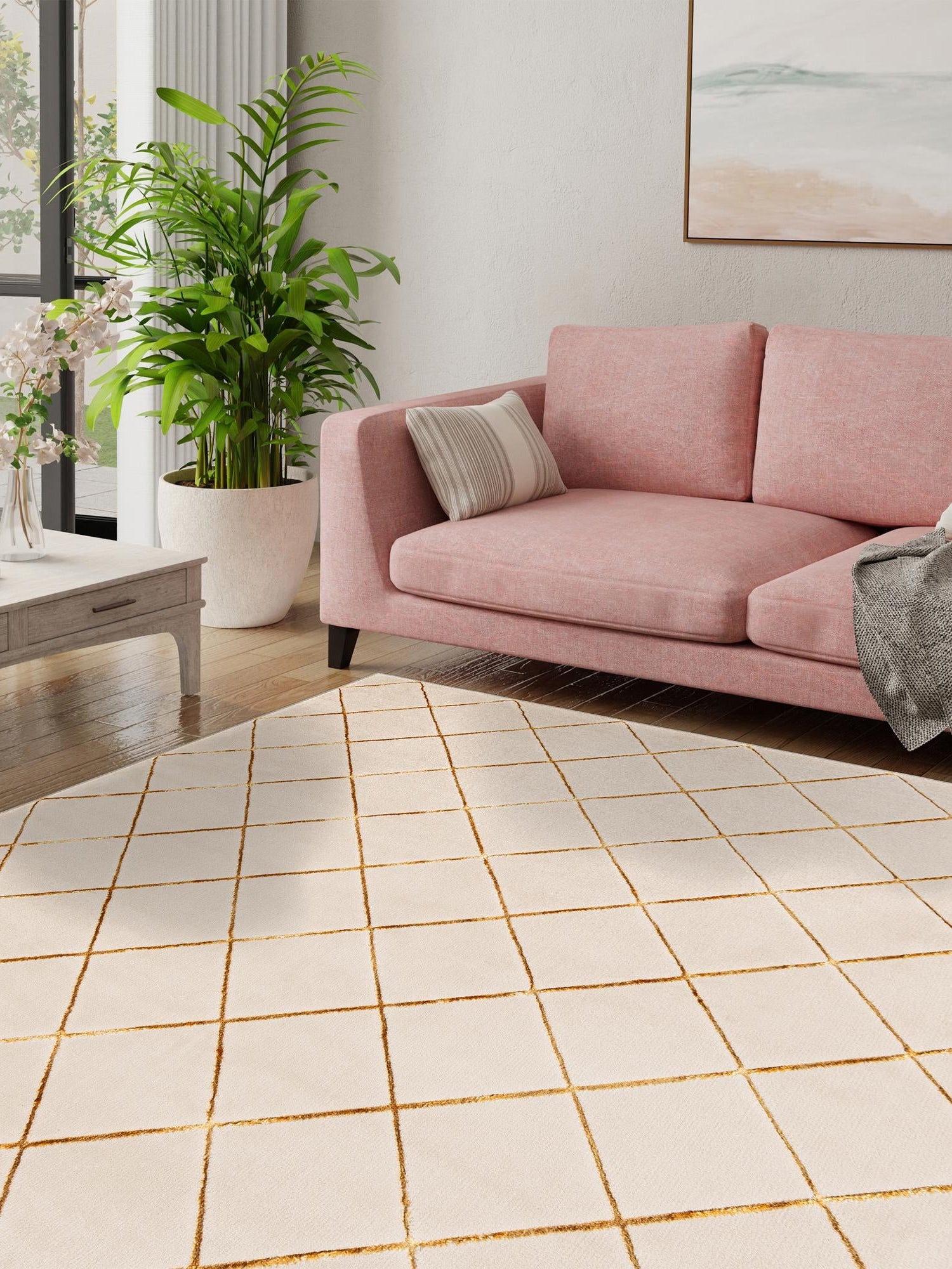 White and Gold 7' 10 x 7' 10 Vogue Geo Square Area Rug Geometric Glam Style Shiny Accents Carpet Mat for Unique Interior Design & Home Decor for Sale at Rug Engine