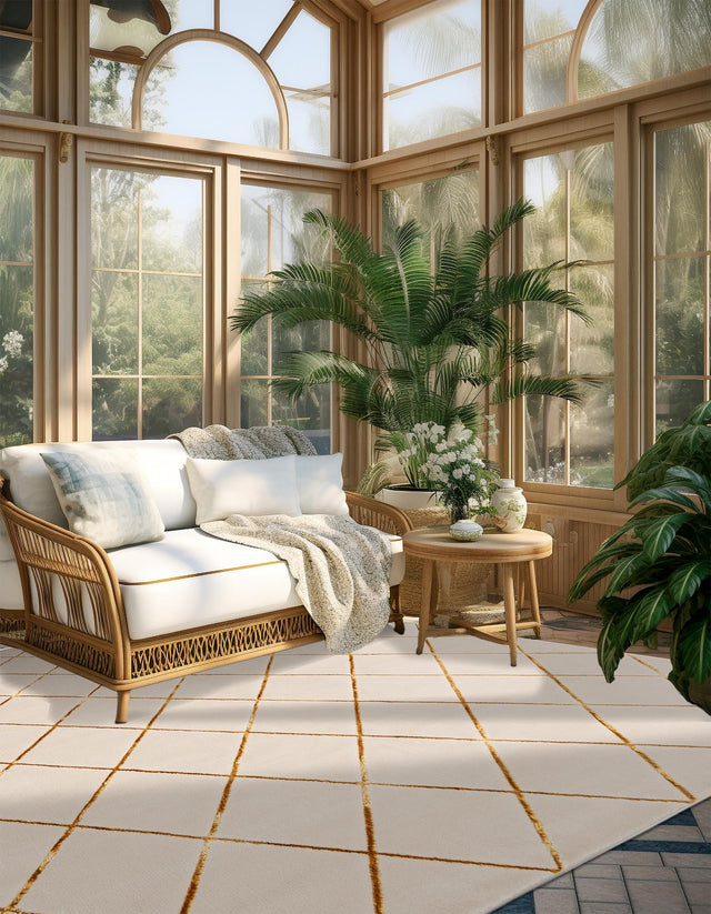 White and Gold 10' x 10' Vogue Geo Square Area Rug Geometric Glam Style Shiny Accents Carpet Mat for Unique Interior Design & Home Decor for Sale at Rug Engine