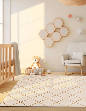 White and Gold 10' x 10' Vogue Geo Square Area Rug Geometric Glam Style Shiny Accents Carpet Mat for Unique Interior Design & Home Decor for Sale at Rug Engine