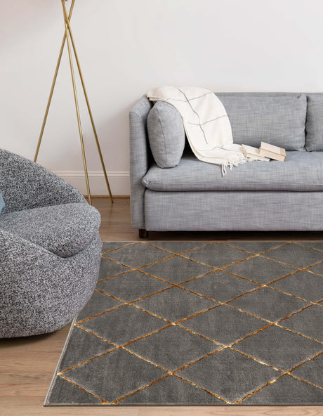 Gray and Gold 5' 3 x 7' 1 Vogue Geo Rectangle Area Rug Geometric Glam Style Shiny Accents Carpet Mat for Unique Interior Design & Home Decor for Sale at Rug Engine