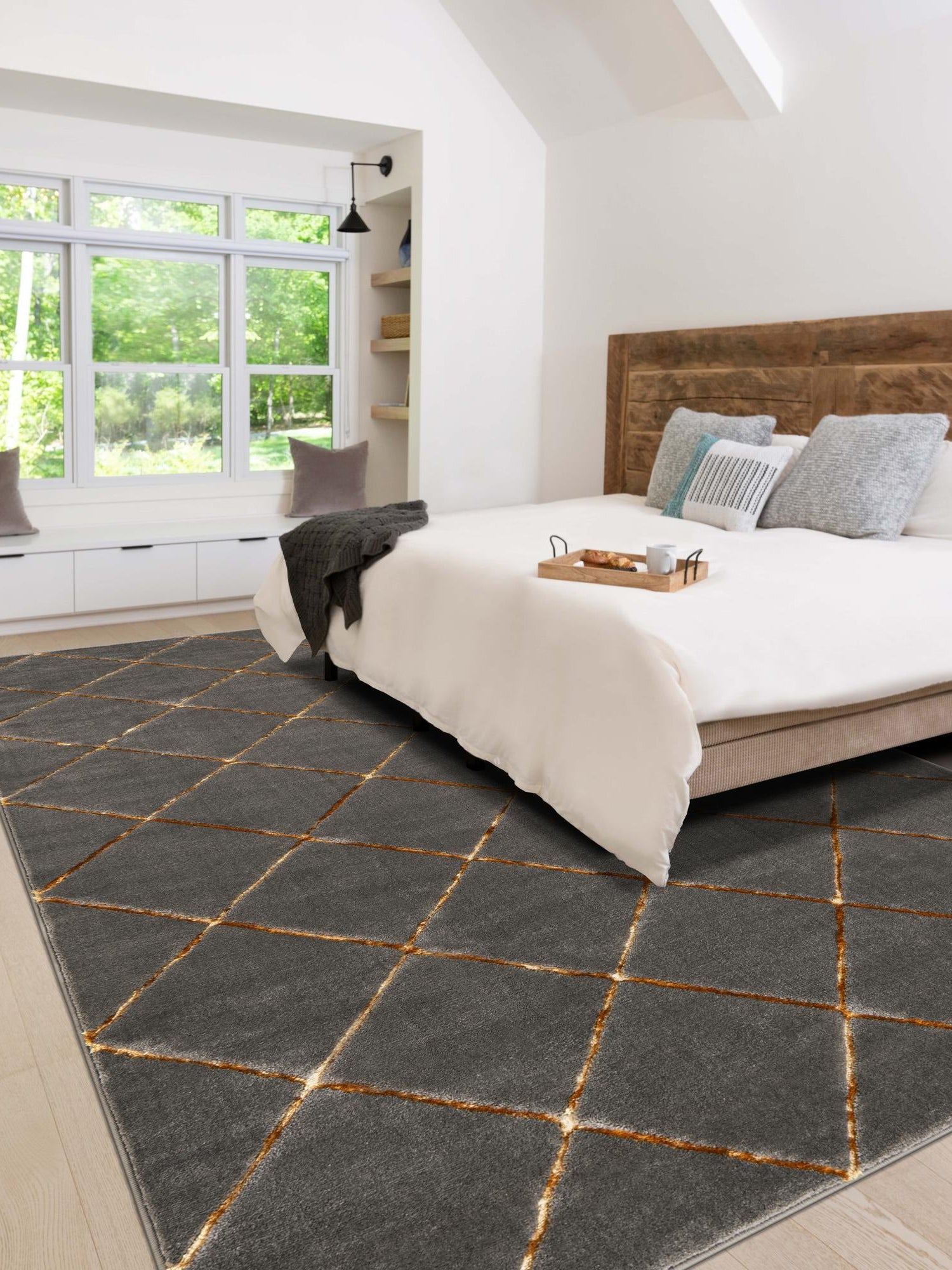 Gray and Gold 4' 1 x 6' 1 Vogue Geo Rectangle Area Rug Geometric Glam Style Shiny Accents Carpet Mat for Unique Interior Design & Home Decor for Sale at Rug Engine