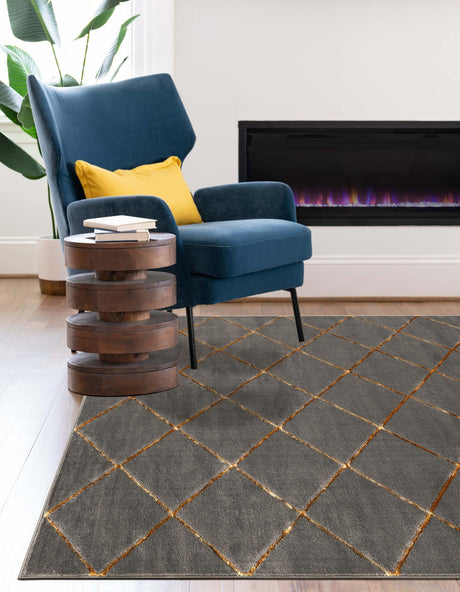 Gray and Gold 9' x 12' Vogue Geo Rectangle Area Rug Geometric Glam Style Shiny Accents Carpet Mat for Unique Interior Design & Home Decor for Sale at Rug Engine
