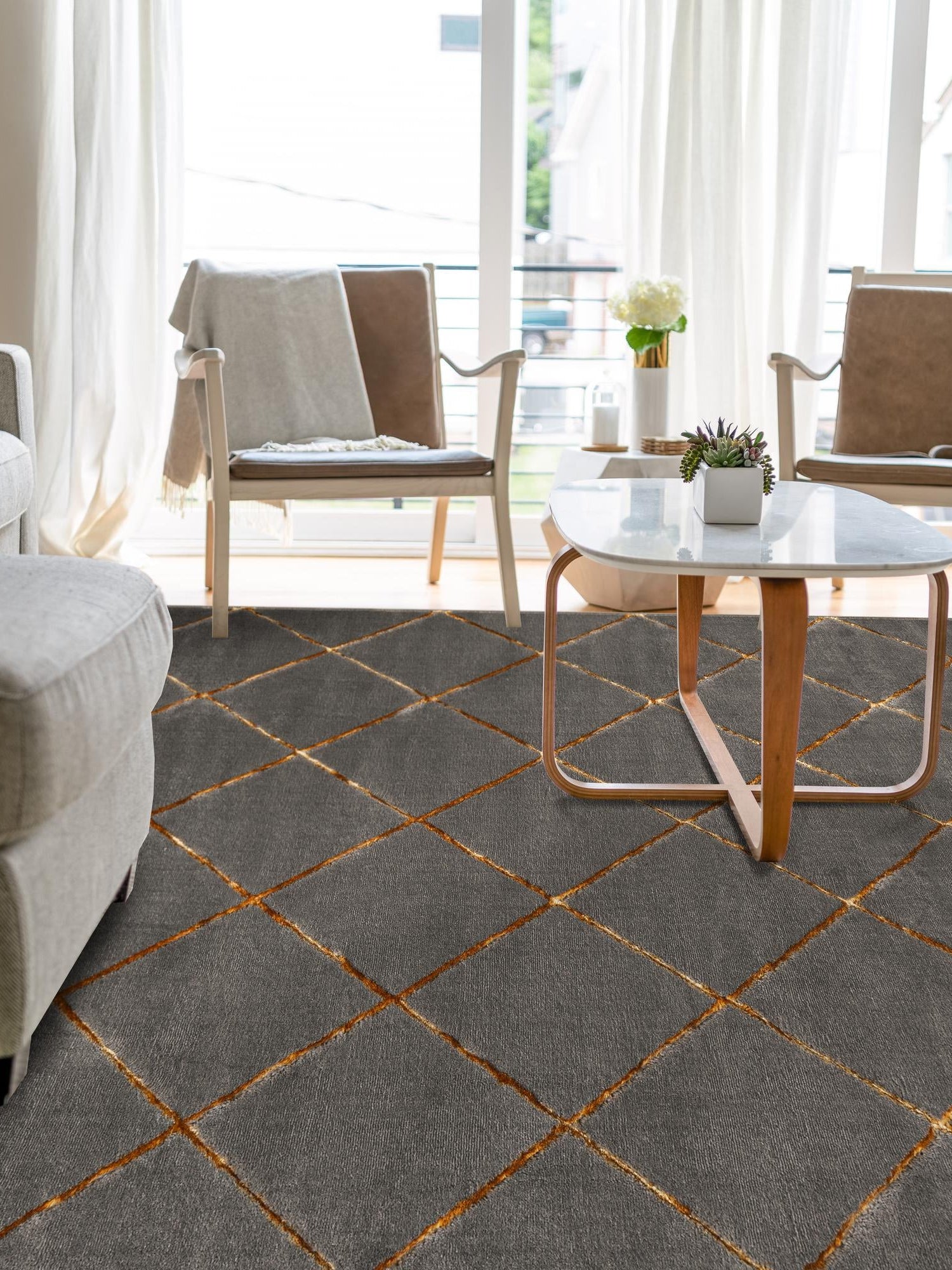 Gray and Gold 4' 1 x 6' 1 Vogue Geo Rectangle Area Rug Geometric Glam Style Shiny Accents Carpet Mat for Unique Interior Design & Home Decor for Sale at Rug Engine