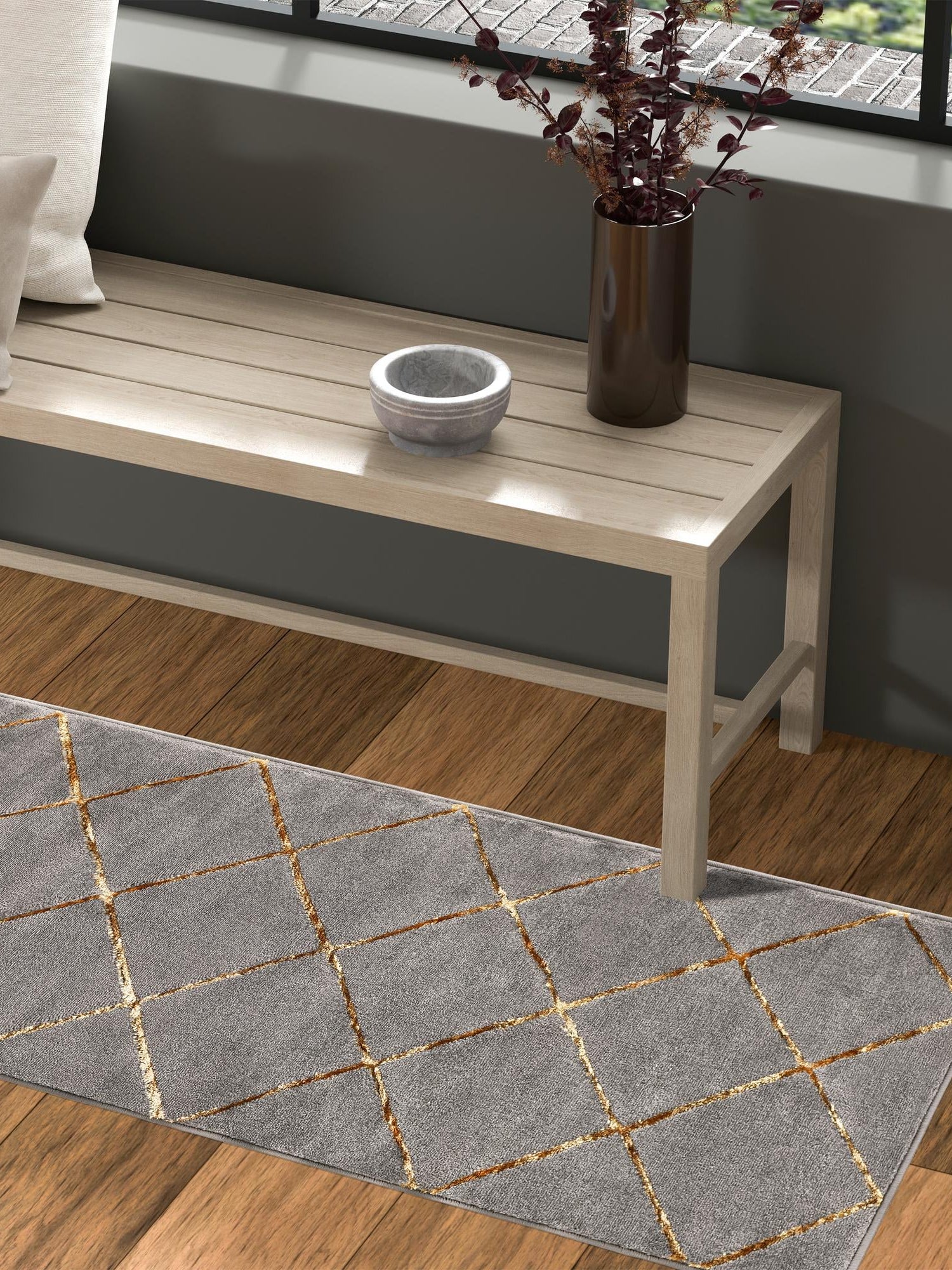Gray and Gold 2' x 6' 1 Vogue Geo Runner Area Rug Geometric Glam Style Shiny Accents Carpet Mat for Unique Interior Design & Home Decor for Sale at Rug Engine