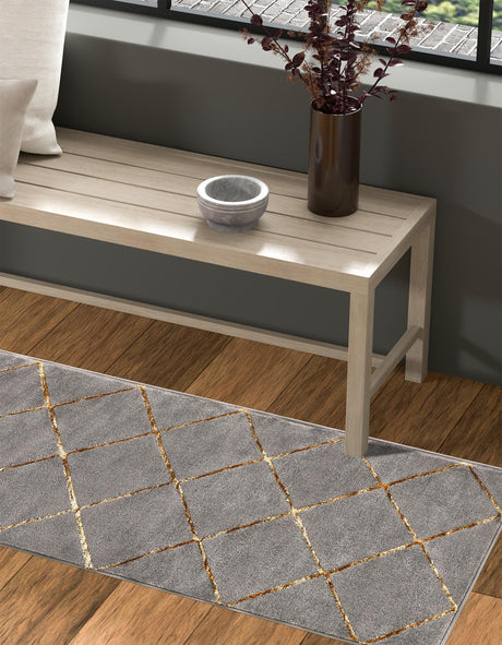 Gray and Gold 2' x 6' 1 Vogue Geo Runner Area Rug Geometric Glam Style Shiny Accents Carpet Mat for Unique Interior Design & Home Decor for Sale at Rug Engine